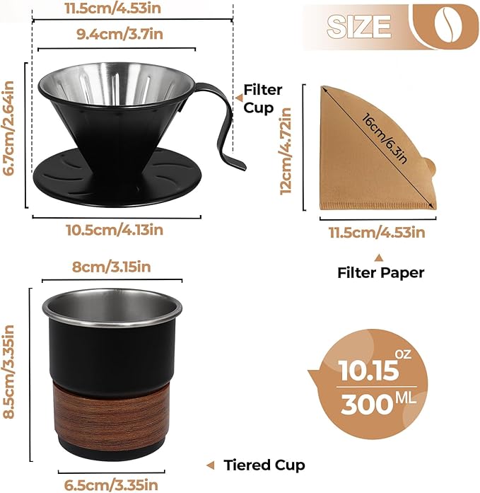 Uncoated Pour Over Coffee Maker 300ml Portable Cup 304 Thickened Stainless Steel Drip Coffeemaker Set with 50pcs V60 Cone Paper Filters Hand Brew Dripper Carafe for Home Camping Travel 10.2oz Black