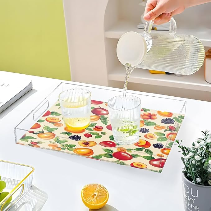 Serving Tray with Handles Clear Acrylic Tray 12x16 Inch Decorative Rectangular Tray Organizer for Ottoman Coffee Table Bathroom Georgia Peachs Vegetables Beige