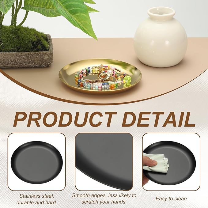 uxcell Round Serving Trays, 4.92" Stainless Steel Decorative Jewelry Dish, Small Vanity Tray for Bathroom Aromatherapy Candle Drink Plate,Black