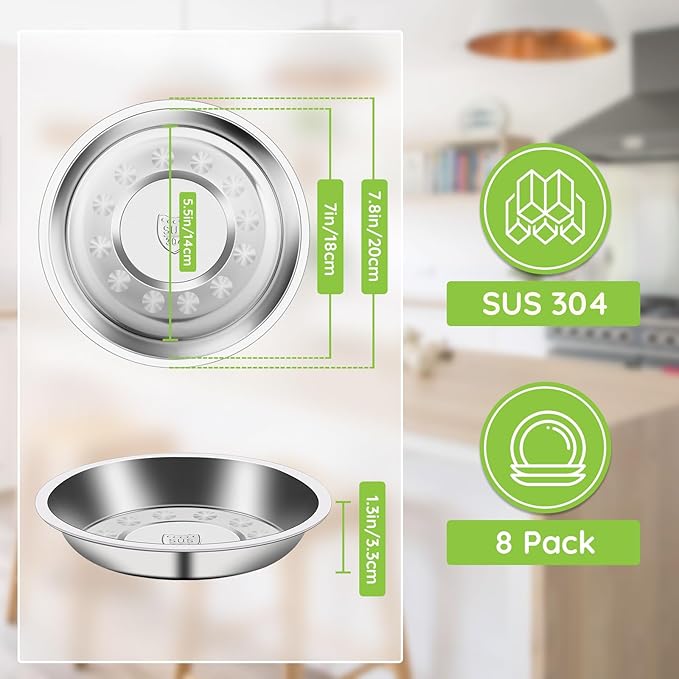 Patterned Deep Stainless Steel Plates, 8 Set 7 inch 304(18/8) Metal Food Serving Plate, Reusable Snack Eating Dishes Round Shatterproof Silver Dinnerware for BBQ Dinner Oven Dishwasher Safe