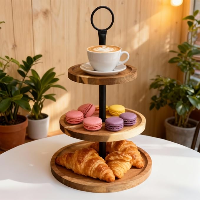 1 Pcs Wood Dessert Tray, 3 Tier Round Cupcake Stand, Wood Tiered Serving Tray Cupcake Tower, Large Acacia Wood Dessert Display for Home Tea Party, Wedding, Farmhouse, Kitchen Decor