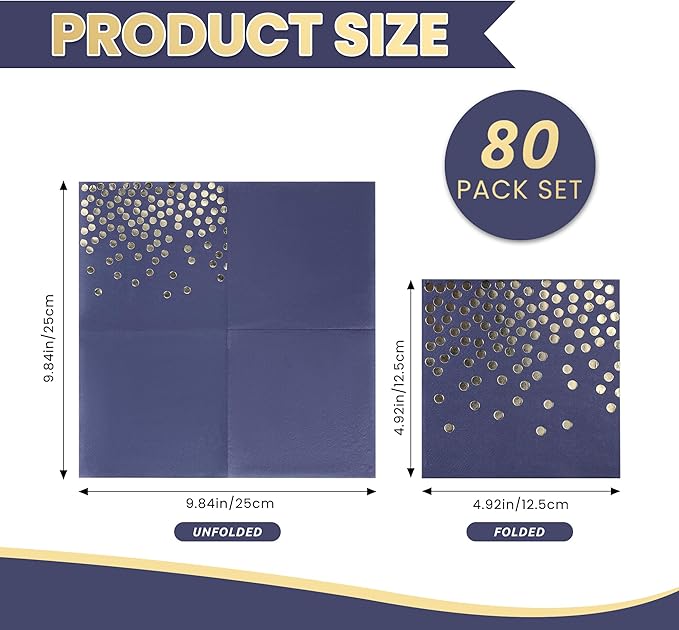 80 Pack of Paper Cocktail Napkins with Gold Foil Polka Dot Confetti，Polka Dot Party Supplies(5 x 5 in，2-ply) (80, blue gold)