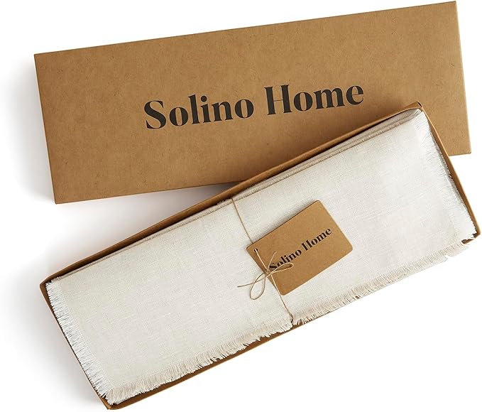 Solino Home Linen Light Natural Placemats Set of 4-100% Pure Linen Placemats 14 x 19 Inch for Christmas, Holiday, New Year - Fringe