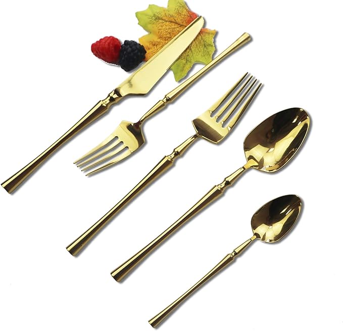 Gugrida Gold Silverware Set, 5-Piece 18/10 Stainless Steel Flatware Cutlery Set for 1,Mirror Finish Knives Forks Spoons, Ideal for Wedding Festival Party Home Kitchen, Dishwasher Safe