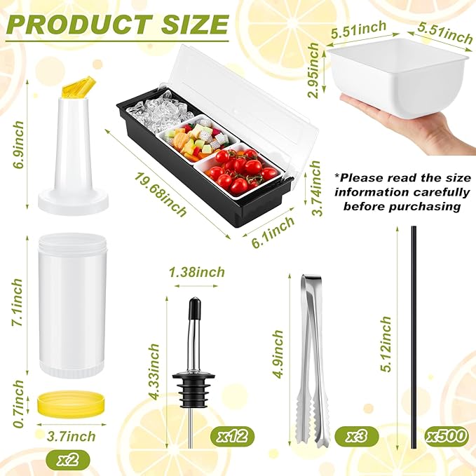 Mifoci Bartending Supplies Garnish Tray with Lid Bar Caddy 3 Tier Glass Rimmer 12 Stainless Steel Bottle Pourers 2 Juice Pour Bottle 1000 Cocktail Straw 3 Serving Tong(3 Compartments,Plastic)