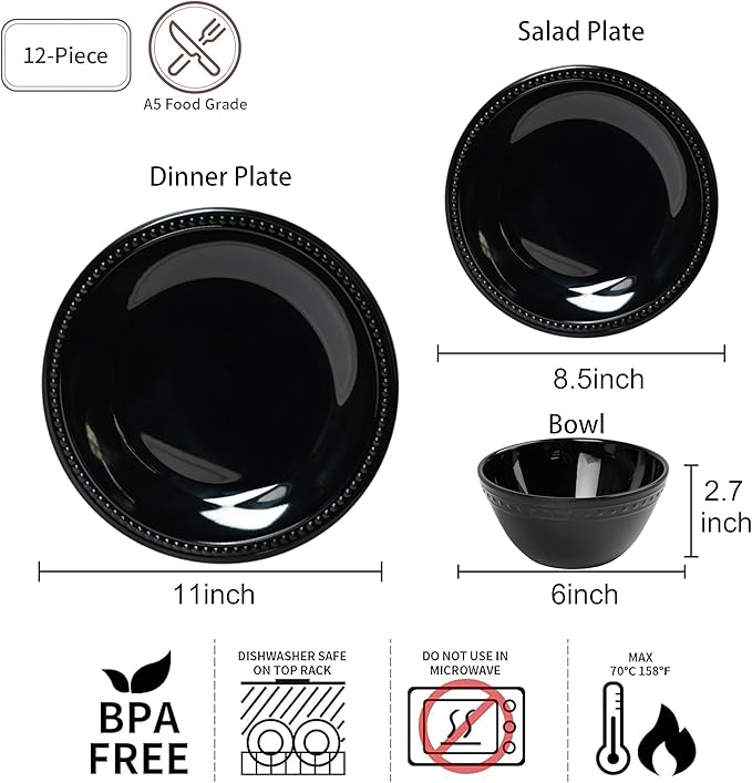 Black Melamine Dinnerware Sets of 12 Pcs, BPA Free Dishes Set, Plates and Bowls Sets for Indoor Outdoor Dining on the Beach, RV, Camping Use,Lightweight Unbreakable Dishwasher Safe