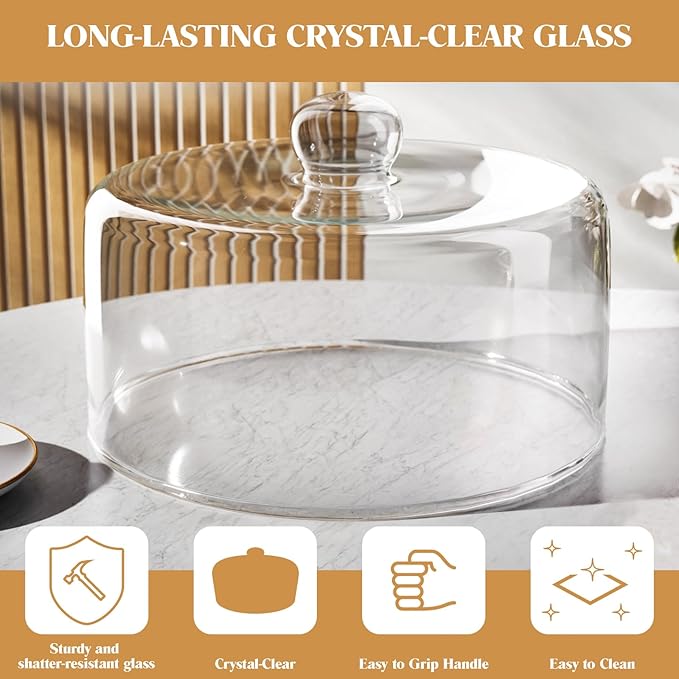 11 Inch Glass Cake Dome Cover, Upgraded Thickened Clear Cake Cover Lid for Cake Stand, Round Cloche Glass Dome for Dessert Plates Display and Protection