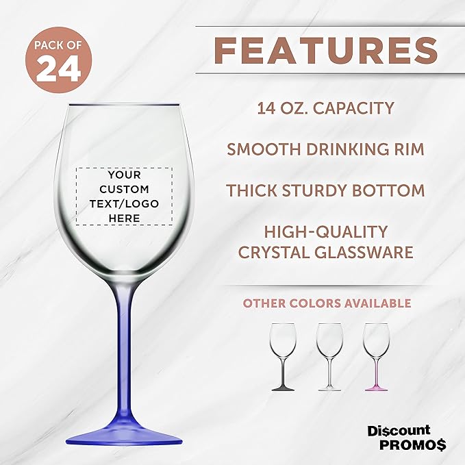 Custom Wine Glasses 14 oz. Set of 24, Personalized Bulk Pack - Restaurant Glassware, Perfect for Red Wine, White Wine, Cocktails and More - Blue