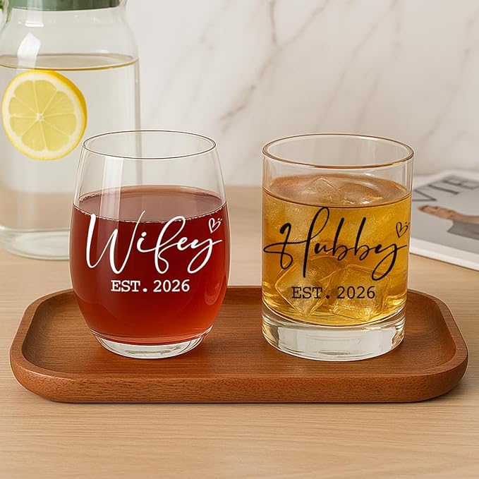 Wedding Gifts for Couple,Friends,Newlyweds,Hubby and Wifey Gifts Stemless Wine Glass,Mr and Mrs Cups for His Her,Bridal Shower Gift for Bride and Groom,Married Gift for Christmas,Housewarming-67