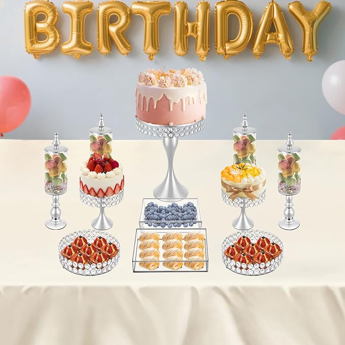 11-Piece Cake Stand Set, Silver Tiered Dessert Display Stands with Glass Trays & Acrylic Domes, Multi-Level Serving Platters for Wedding, Birthday Party, and Bakery Display