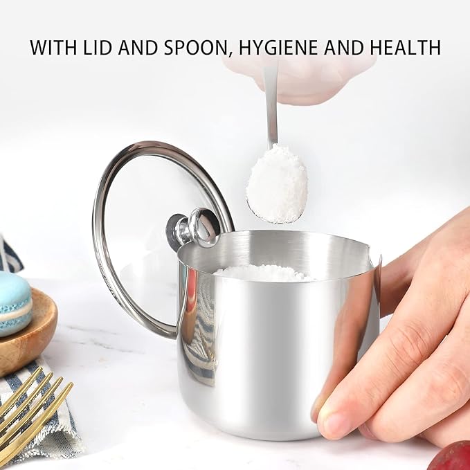 Stainless Steel Sugar Bowl with Clear Lid(for better recognition) and Spoon, Polished Shiny Condiment Pots for Serving Sugar Pepper Salt Spice- 10 Ounces/300 Milliliter…