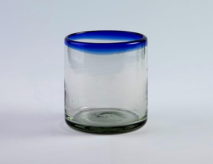 Handmade con Amor - 7 oz Hand Blown Mexican Drinking Glasses - Set of 2, 7 fl oz each, Cobalt-Blue Rim
