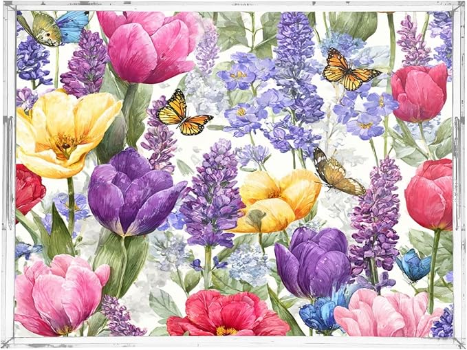 Serving Tray with Handles Clear Acrylic Tray 12x16 Inch Decorative Rectangular Tray Organizer for Ottoman Coffee Table Bathroom Tulips Lavenders Purple Butterfly