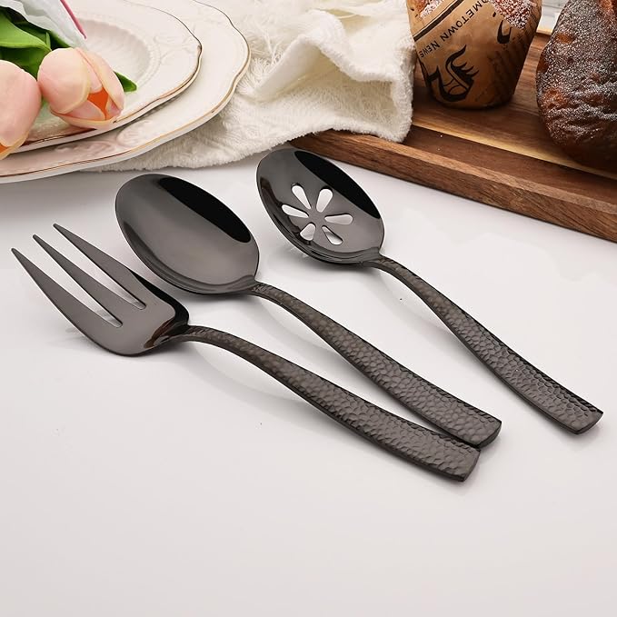 6 PCS Hammered Serving Utensils, Uniturcky Stainless Steel Serving Spoons Set, Square and Thick Hostess Serving Set, Includes 2 Serving Spoon 2 Serving Fork and 2 Slotted Spoon, Mirror Black