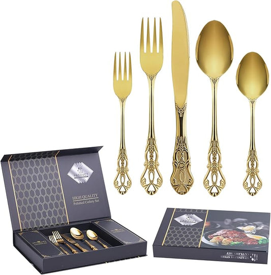 40 Piece Gorgeous Retro Royal Gold Silverware Set for 8, Premium Stainless Steel Flatware Set with gift box, Mirror Polished Cutlery Set Including Spoons and Forks, Vintage Utensils, Dishwasher Safe