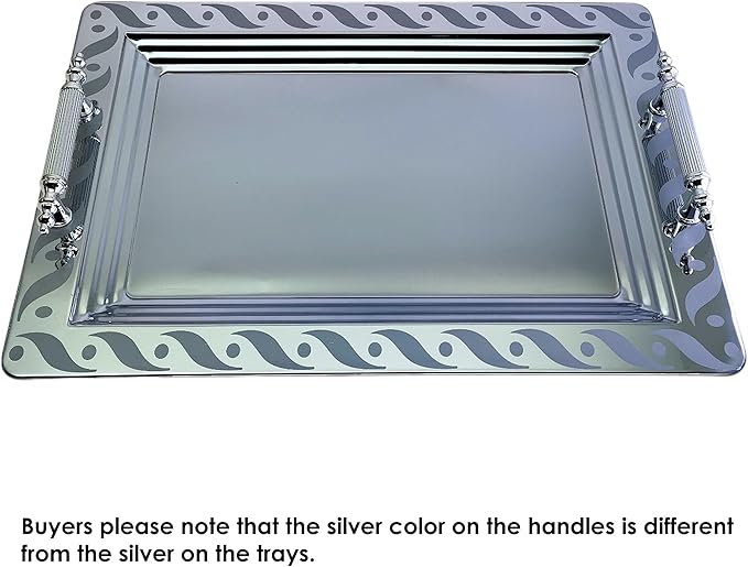 (Pack of 2) 17.9 inch x 12.9 inch Rectangular Chrome Plated Silver Serving Tray with Handles in Different Pattern Stylish Floral Engraved Decorative Party Dessert Platter Plate NC-070