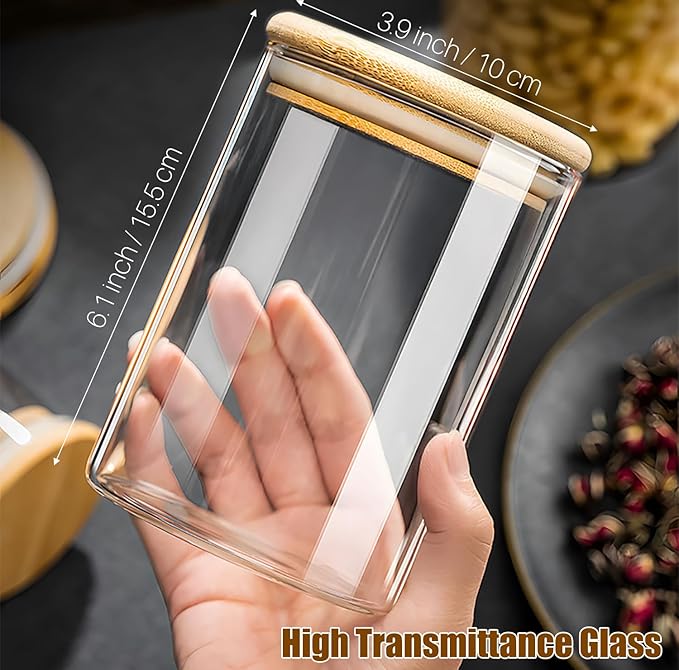 Small Size 33+17 oz Glass Food Storage Jars with Airtight Lids, Clear Glass Jar with Bamboo Lid, Airtight Food Canister for Tea, Candy, Coffee, Sugar, Cookie, Snack. (Round | 5+6 Inch)