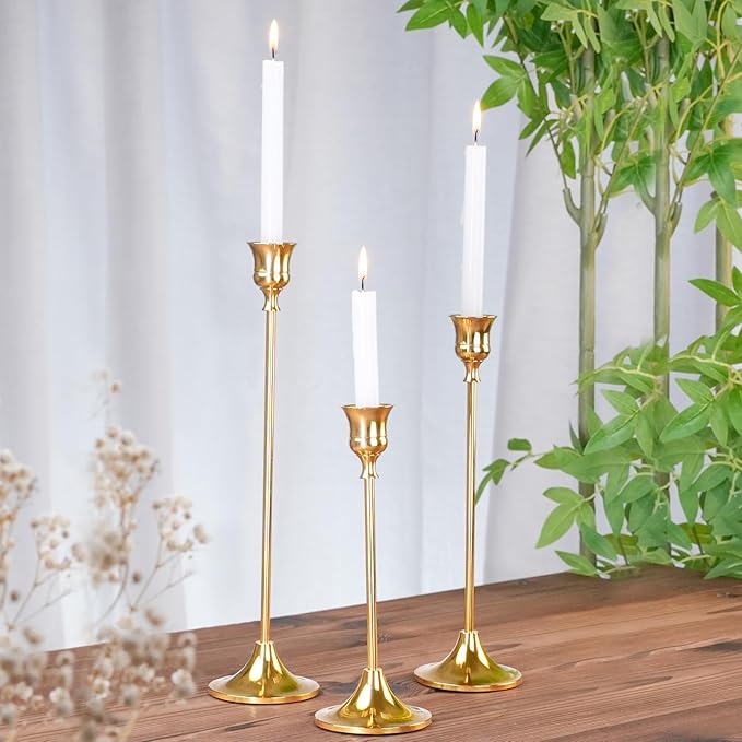 Metal Candle Holders for Candlesticks Taper Candlestick Holders Set Vintage Decorative Centerpiece Candelabra Tall Candle Stands (Gold, 2 Sets (6 pcs))