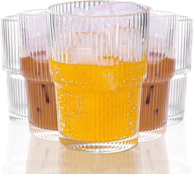 WeirdUncle Set of 6 Cute Ribbed Glassware,14oz Vintage Clear Glass Tumbler, Origami Style, Fluted Design, Ideal for Water, Iced Coffee, Juice, Milk Tea, Latte, Housewarming Gift