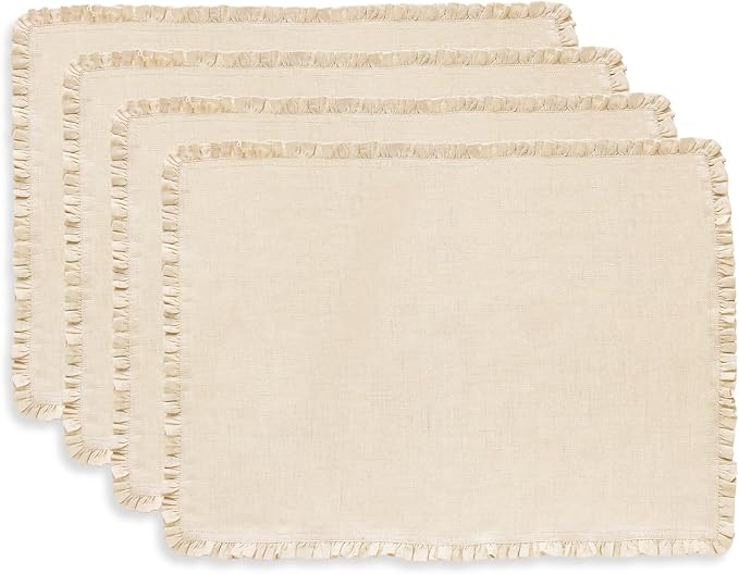 Solino Home Natural Linen Placemats 14 x 19 Inch - 100% Pure Linen Juliette Ruffle Placemats Set of 4 - Handcrafted and Machine Washable Table Mats