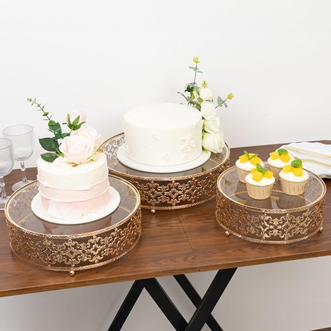 Efavormart Set of 3 Metal Cake Stands 10", 12", 14" Baroque Ornate Design with Glass Top Gold - Stackable Dessert Display Trays