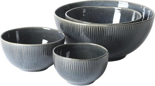Gibson Elite Sandy Pines 4 Piece Nesting Bowl Set, 4”, 5.5”, 7” & 9” Round Stoneware Bowls, Reactive Glaze Finish, Blue, Mixing, Prep & Serving Bowls, Microwave & Dishwasher Safe