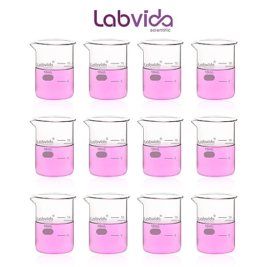 Upgrated 10ml Beaker Set, 12pcs of Beaker Shot Glasses, Low Form Glass Beakers Set, 3.3 Boro with Printed Graduation, LVA036