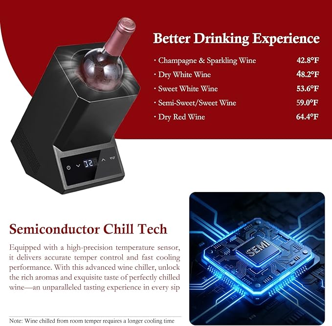Electric Wine Chiller,Single Bottle Cooler for 750ml Wine/Champagne, 24-Hour Long-Lasting Cooling, Perfect Gift for Wine Lover