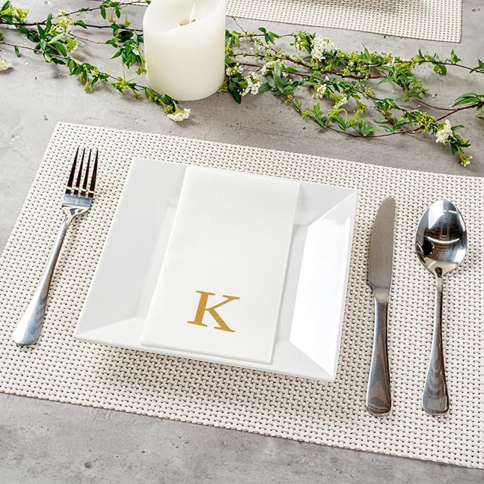 Luxenap 15.8 X 7.9 Inch Linen-Feel Guest Towels, 2000 Lettered Hand Towels - Gold Letter 'K', Sans Serif Font, White Paper Dinner Napkins, airlaid, For Restrooms And Tables