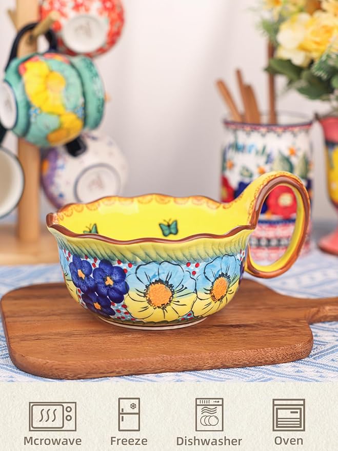 silesia Handmade Ceramic Soup Bowl, 30 oz Hand Painted Bowl with Loop Handle, Floral Design Cereal Bowl for Soup, Ice cream, Snack, Microwave & Dishwasher Safe (Glazed Yellow)