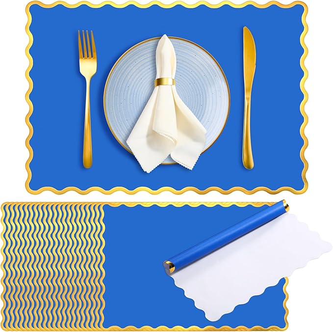 150 Pcs Disposable Paper Placemats Bulk 10"x14" Rectangle Place Mats with Scalloped Edges Dining Table Mat for Wedding Birthday Easter Party Table Decoration(Blue)