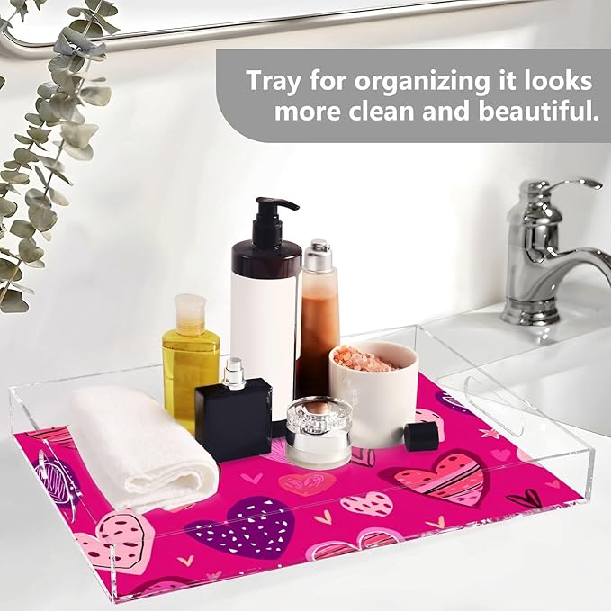 Serving Tray with Handles Clear Acrylic Tray 12x16 Inch Decorative Rectangular Tray Organizer for Ottoman Coffee Table Bathroom Hot Pink Doodle Hearts Stars