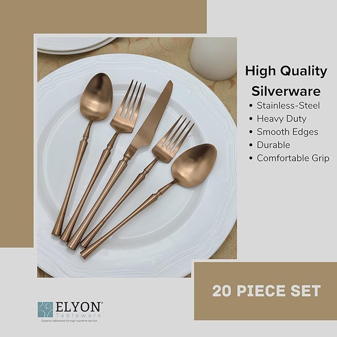 Elyon Noelle 20-Piece Matte Copper Flatware Set, Stainless Steel, Service For 4