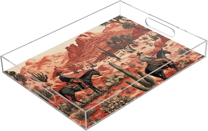 Serving Tray with Handles Clear Acrylic Tray 12x16 Inch Decorative Rectangular Tray Organizer for Ottoman Coffee Table Bathroom Cowboys Horses Cactus Desert