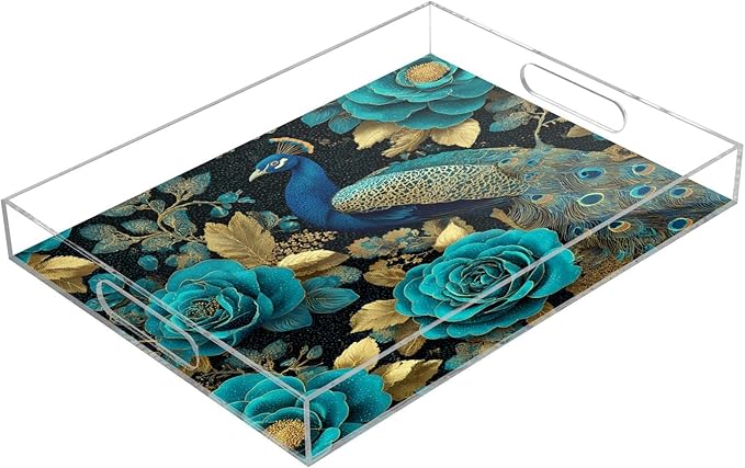 Serving Tray with Handles Clear Acrylic Tray 12x16 Inch Decorative Rectangular Tray Organizer for Ottoman Coffee Table Bathroom Vintage Peacock and Roses
