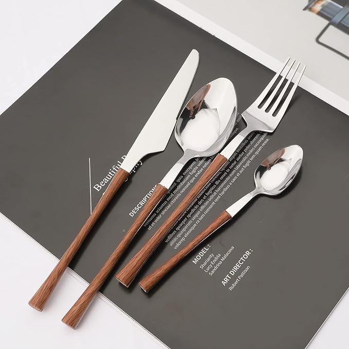25 PCS Silverware Set with Storage Holder - Family Flatware Set Service for 6 - Silver Stainless Steel Cutlery Set with Wood Grain Handle - Tableware Utensils Set with Hanging Rack - Mirror Polished
