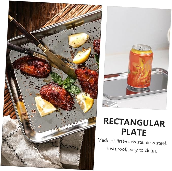 Cabilock Stainless Steel Rectangular Serving Tray 430 Food Storage Plate Flat Bottom Design for Restaurants and Hotels Silver Cooking Tray for Appetizers and Desserts
