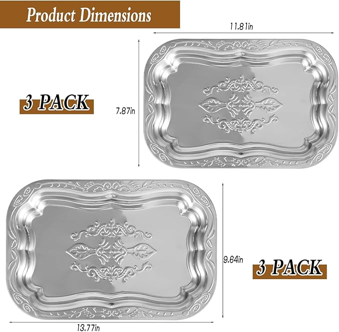 6 Pack Silver Serving Trays Set, Floral Engraved Mirror Decorative Tray Party Platters for Whiskey Cookies Food Dessert Fruit Cupcake Weddings Table Parties Display