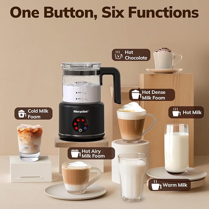 Large Electric Milk Frother and Steamer, 16.9oz/500ml Milk Steamer and Frother for Latte or Hot Chocolate, Dishwasher Safe, 6 Functions, Enjoy Perfect Milk Froth in 2 Min (Black-Glass)