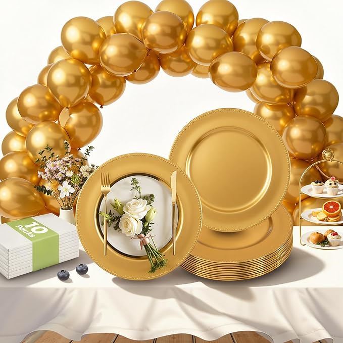189 Pcs Charger Plates Set Bulk, 50 Pcs 13'' Gold Charger Plates 129pcs Balloons Different Sizes 18 12 10 5 Inch 10 Pack 54 x 108 Inch Disposable Table Cloth Set For Dinner Wedding Party Decoration