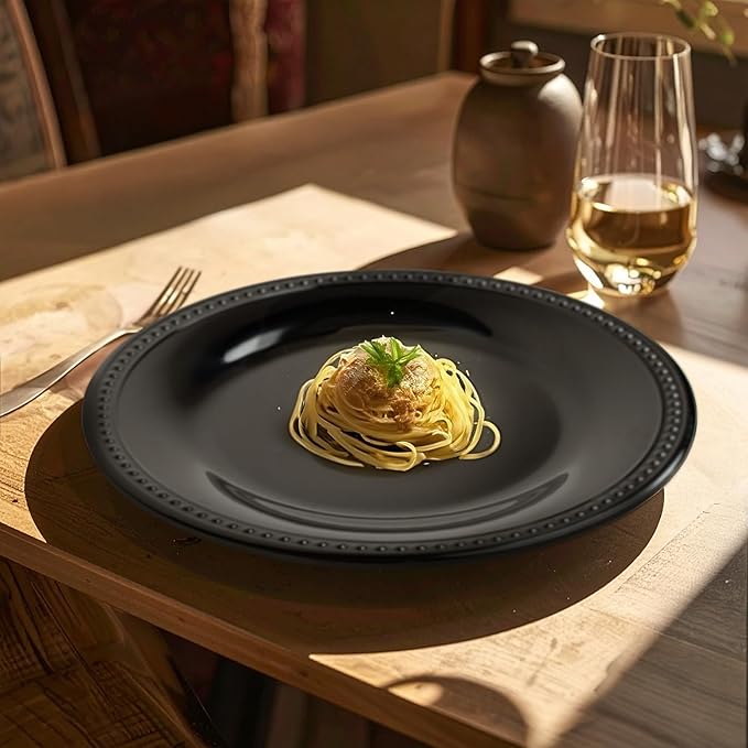 Melamine Beaded Dinner Plate Set of 6, BPA Free, Platter, Serving Dishes, Chip & Break Resistant, Lightweight, Great for Dining, Weddings & Everyday Meals (Black, 11in (Pack of 6))