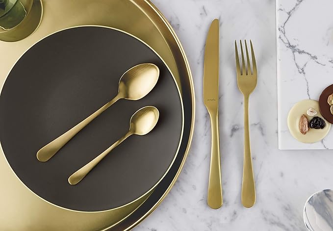 Amefa Austin 20pc Flatware Set - 18/0 Gold Stainless Steel Silverware Set, Knives Forks Spoons - Dinnerware Utensils Gold Silverware