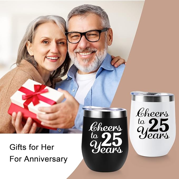 25th Anniversary Wedding Gifts for Couple Gifts for Silver Anniversary Twenty Five Years Anniversary Decorations 2 Pack Wine Tumbler 12 OZ