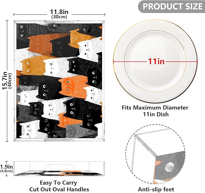 Serving Tray with Handles Clear Acrylic Tray 12x16 Inch Decorative Rectangular Tray Organizer for Ottoman Coffee Table Bathroom Black and White Orange Cat