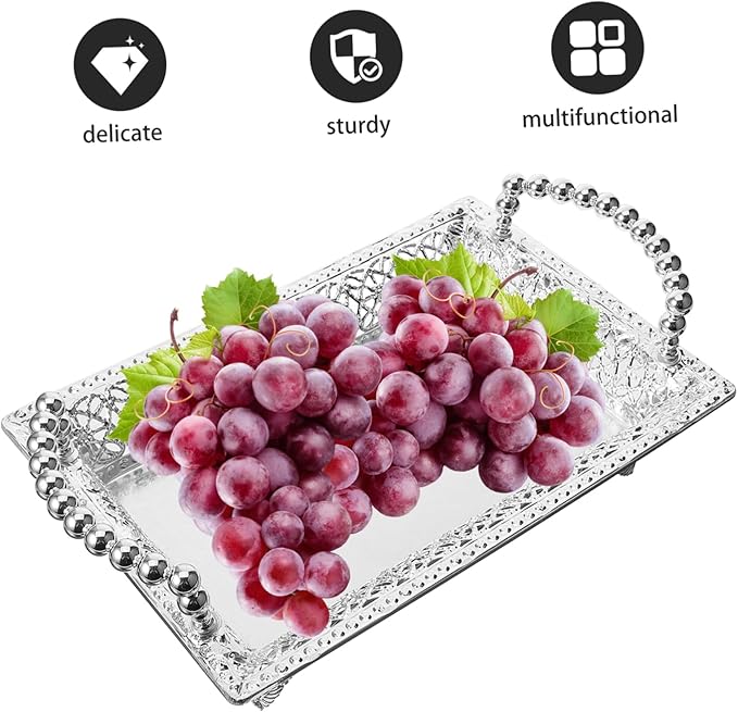Ciieeo Silver Fruit Tray Handle Tiered Snack Serving Plate Decorative Metal Serving Dish for Bar