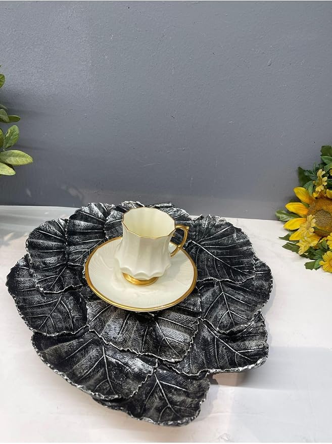 Leaf Shaped Serving Tray Decorative Polyester Silver and Black Antique Finish Abstract Home Decor, 12x10 Inch - Silver and Black Antique, One Size