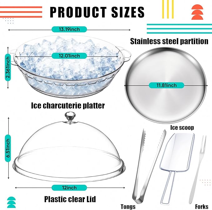 Baderke 11.8" Chilled Serving Tray for Parties with Compartments and lid Ice Chilled Party Platter Charcuterie Serving Board Cold Dish Dip for Fruit Seafood Vegetable Shrimp Cocktail(Silver,2 Pcs)