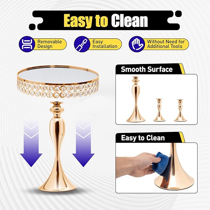 10PCS Wedding Metal Dessert Table Set, Crystal Cake Stand Cupcake Holder Gold Cake Display with Acrylic Mirror Surface, Cupcake Dessert Plate Display for Birthday Party