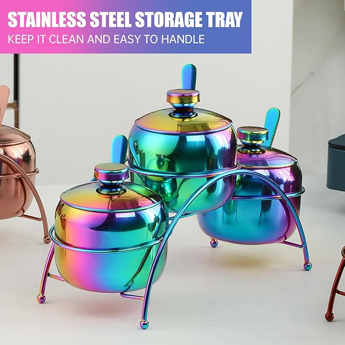 Buyer Star 3-Piece 304 Stainless Steel Seasoning Containers Set with Lid Spoon and Rack, salt and sugar container sets, Condiment Canisters Pots for Serving Sugar, Pepper, Salt, Spice (Rainbow)