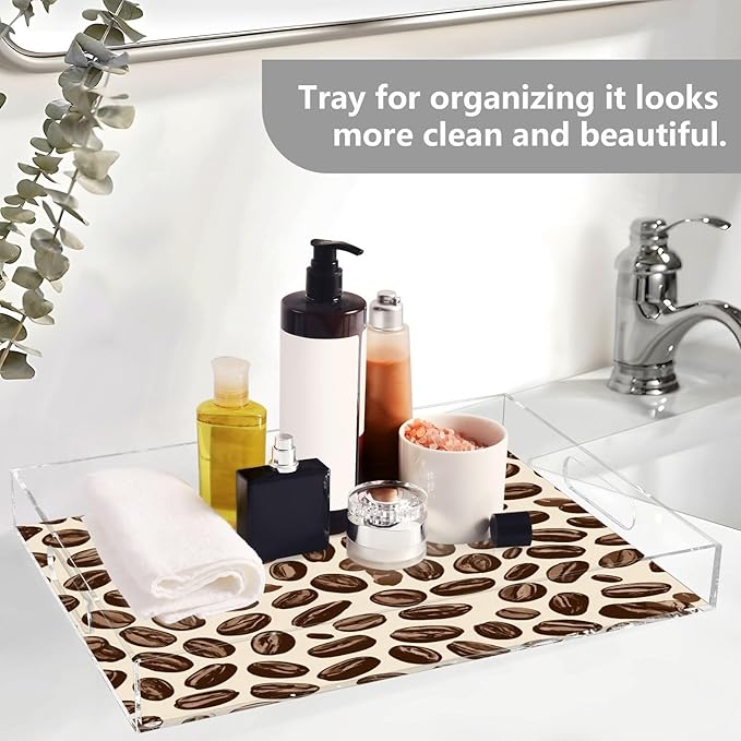 Serving Tray with Handles Clear Acrylic Tray 12x16 Inch Decorative Rectangular Tray Organizer for Ottoman Coffee Table Bathroom Many Simple Coffee Beans